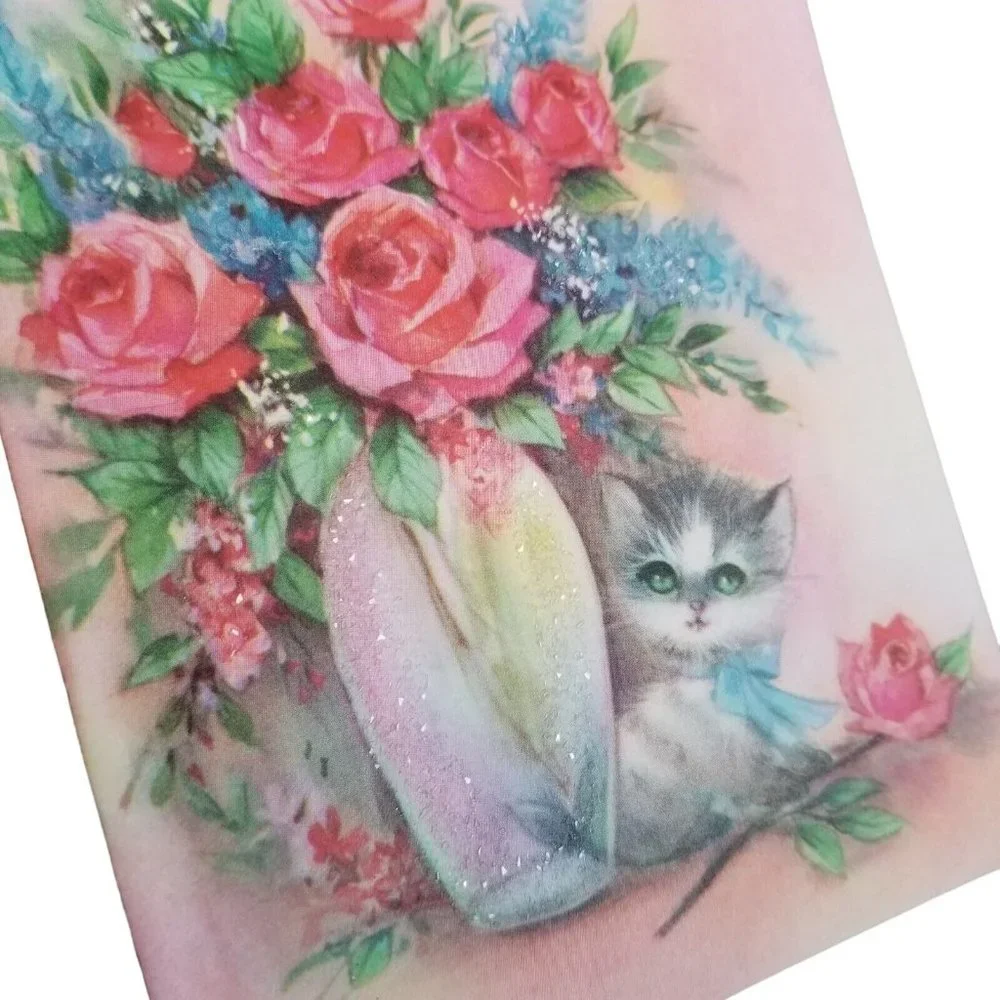 Vintage Greeting Card Nice to Think About You Pink Roses Glitter Kitty Kitten